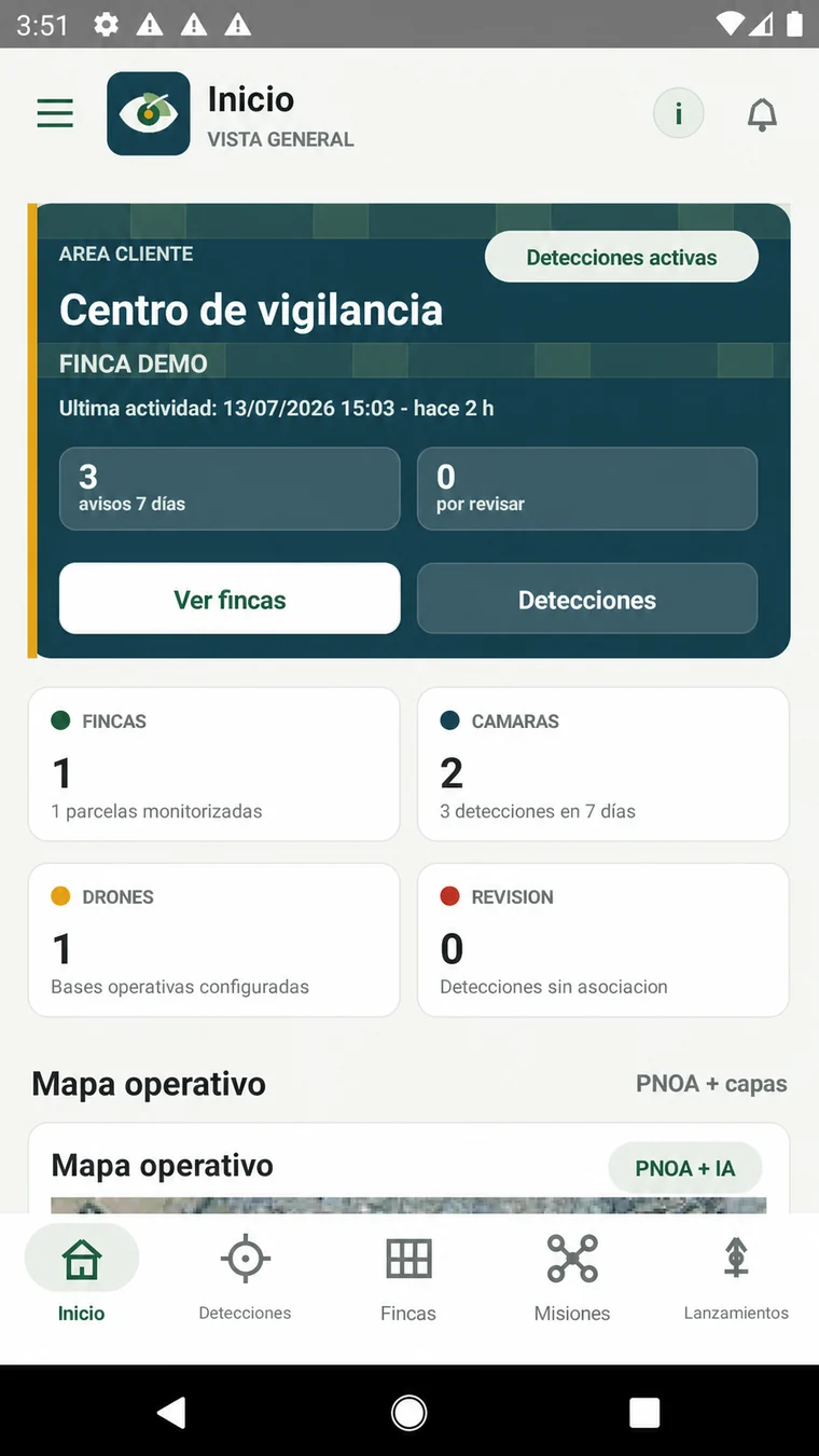Pantalla de inicio real de la app Vigía Rural