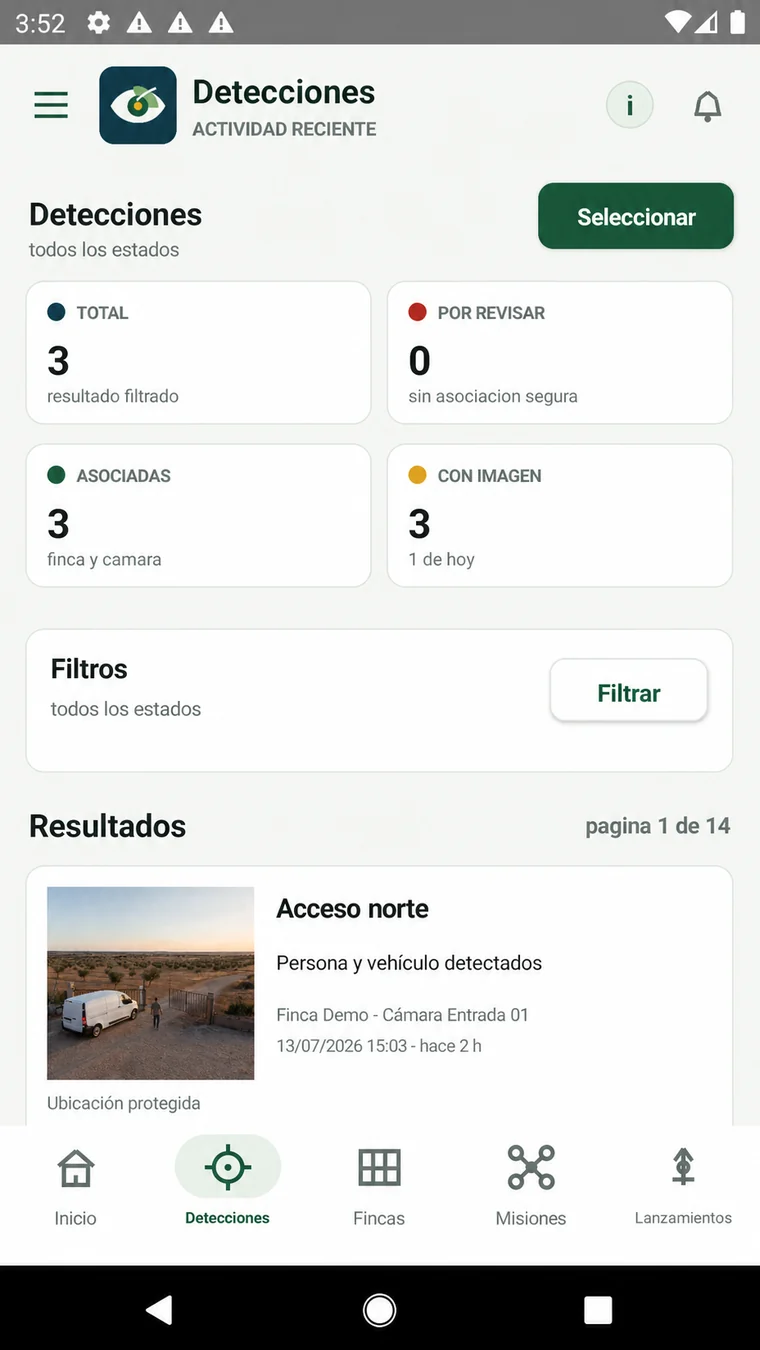 Captura real anonimizada de detecciones en la app Vigía Rural